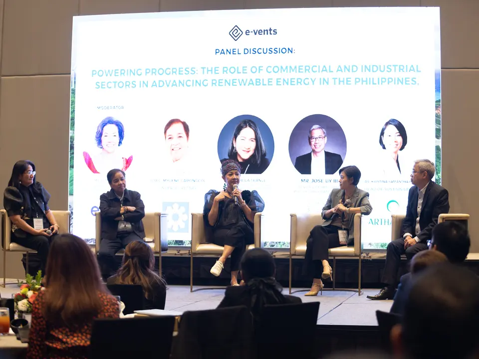 Renewable energy experts speaking during a conference panel discussion